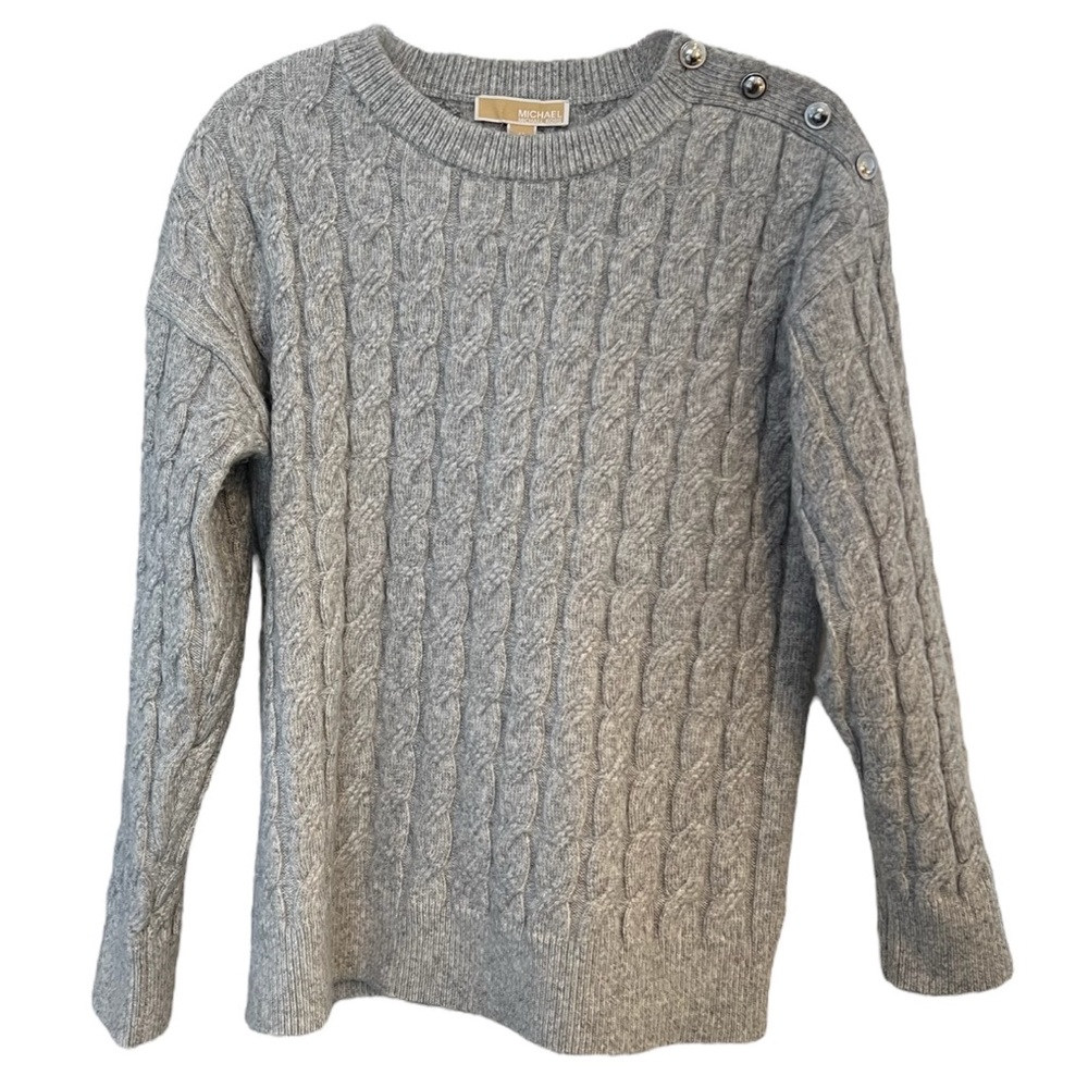MICHAEL Michael Kors Grey Cable Knit Crew Neck Sweater With Shoulder Buttons